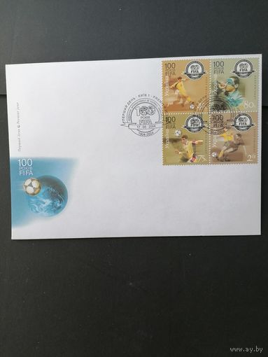 Украина 2004 КПД кварт блок из малого листа "100 лет Международной федерации футбольных ассоциаций (FIFA)" (специальное гашение) Mi.642-645 каталог 3.50 евро