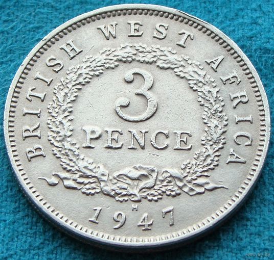 Британская Западная Африка. 3 пенса 1947 год  KM#21  Тираж: 5.106.000 шт  Отметка монетного двора: "H" - Хитон, Бирмингем