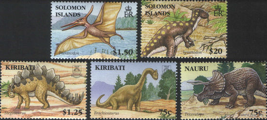5 марок с динозаврами - Кирибати, Науру, Соломоновы острова