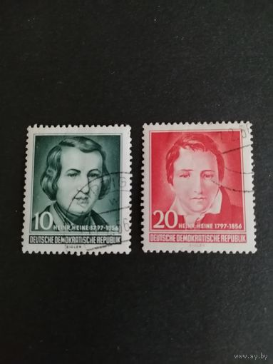 ГДР 1956 Серия марок "100 лет со дня смерти немецкого поэта, прозаика, критика и публициста Генриха Гейне" (гашение с клеем, есть следы наклеек, на марке 0.20 узкое место) Mi.516-517 каталог 8.00 евро