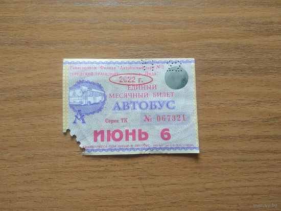Проездной единый месячный билет. Автобус. Беларусь, Лида, июнь месяц 2022 года.