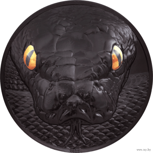 Палау 20 долларов 2022г. "Охотники ночью - Питон". Obsidian Black. Монета в капсуле; подарочной рамке - футляре; сертификат; коробка. СЕРЕБРО 155,50гр.(5 oz).