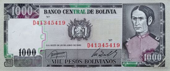 Werty71 Боливия 1000 песо 1982 UNC банкнота боливиано