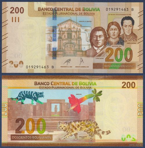 Боливия, 200 боливиано 2019 г., P-W252(2-2) (B, борцы за независимость Тупак Катари, Бартолина Сиса, Симон Боливар; андский горный кот), UNC
