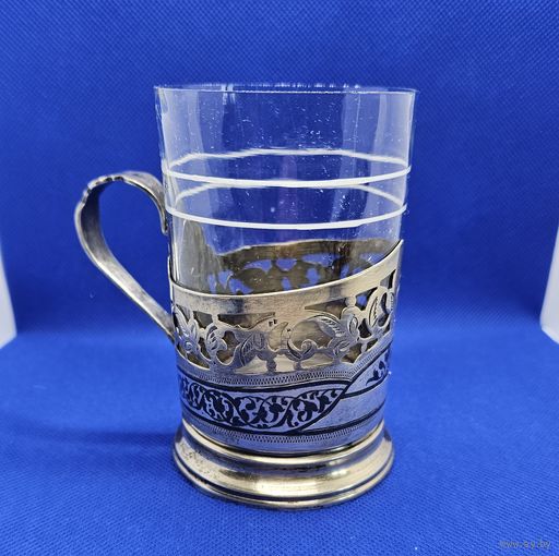 Старт с 1 Рубля !!! Подстаканник "Кубачи", серебро 875 пробы, чернение, позолота. СССР 80грамм!!!