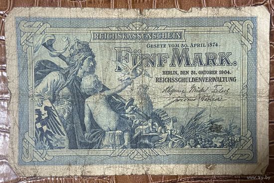 Банкнота 5 марок 1904 год. Германская империя.