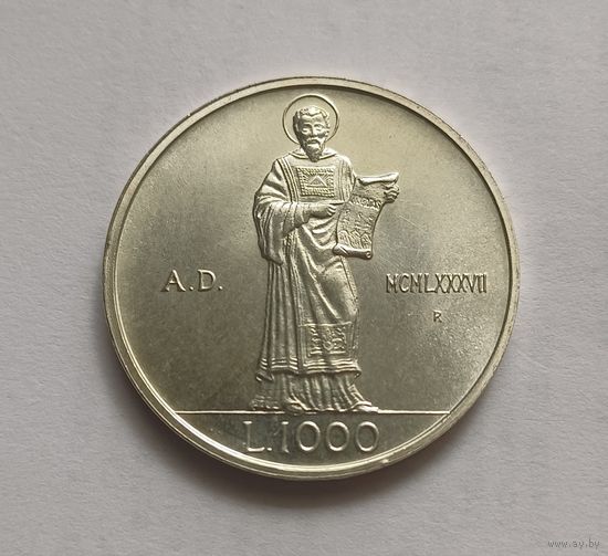 1000 лир.835 пр., 1987г. Сан-Марино.Тираж 43 000 т.15 лет возобновлению чеканке монет.