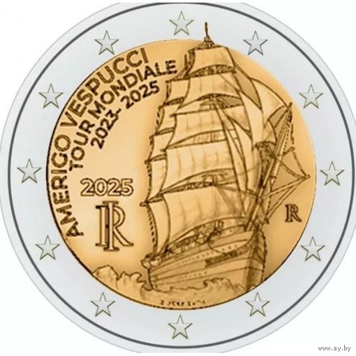 Италия 2 евро, 2025 Кругосветное путешествие Америго Веспуччи 2023-2025 UNC