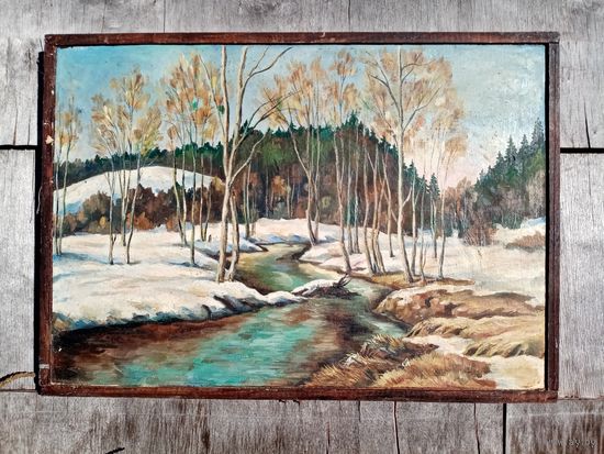 С рубля без мц. картина "Лес", масло фанера, 52х37см.
