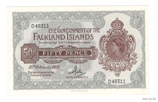 Фолклендские острова 50 пенсов 1974 года. Дата 20 февраля. Тип Р 10b. Состояние UNC!