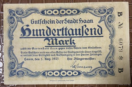 Банкнота 100000 марок 1923 год. Хаан. Веймарская республика