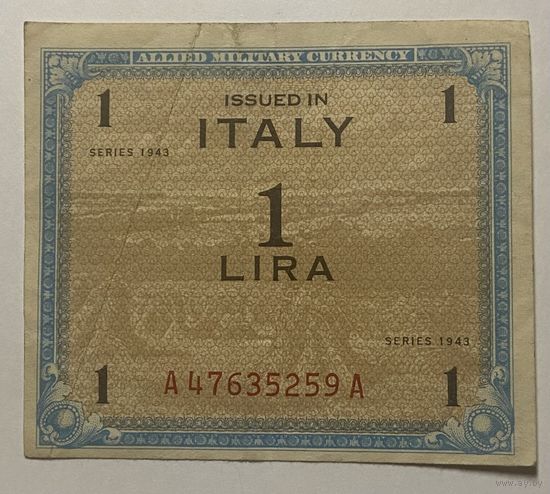 Банкнота Италия 1 лира 1943 год. Оккупационные деньги союзников.