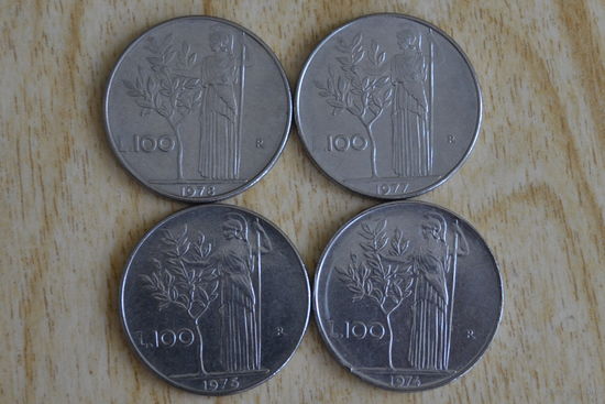 Италия 100 лир 1974,75,77,78