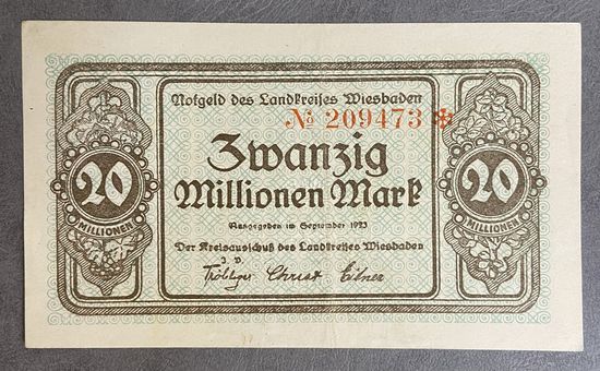 Банкнота 20 миллионов марок 1923 год. Висбаден. Веймарская республика.