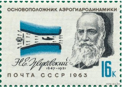 Марки СССР. Николай Егорович Жуковский (1847-1921) и аэродинамика. 1963 год
