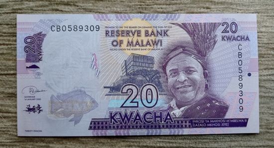 Werty71 Малави 20 квача 2020 UNC банкнота Рыба
