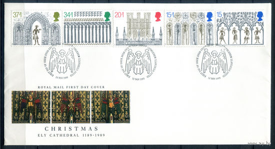 Великобритания - 1989г. - Рождество, кафедральный собор - 1 конверт с гашением первого дня (FDC) и информационным буклетом - полная серия [Mi 1235-1239]. #3-GB-99-CP-23