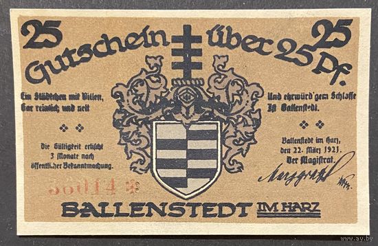 Нотгельд 25 пфеннигов 1921 год. Балленштедт. Веймарская республика