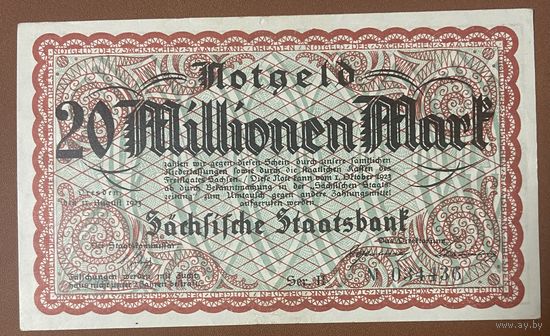 Банкнота 20 миллионов марок 1923 год. Дрезден. Веймарская республика