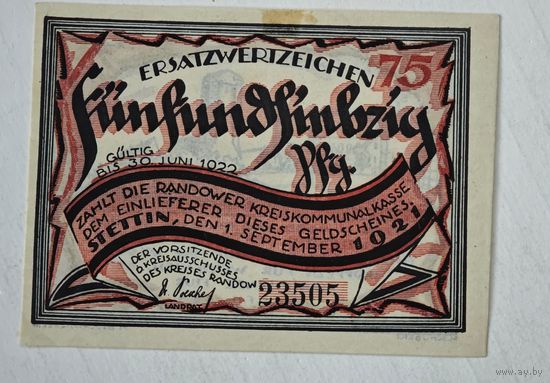 1921 год 75 пфеннигов  Германия