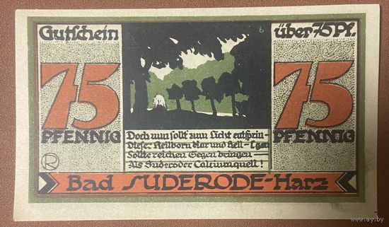 Нотгельд 75 пфеннигов 1921 год. Бад-Зудероде-Гарц. Веймарская республика