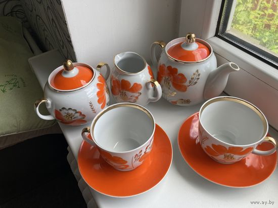 Новогодняя распродажа !КАЧЕСТВЕНННЫЙ !!Редкий старинный чайный сервиз маки фарфор СССР барановка Барановский фарфоровый завод на 8 пар(ПЕРСОН)