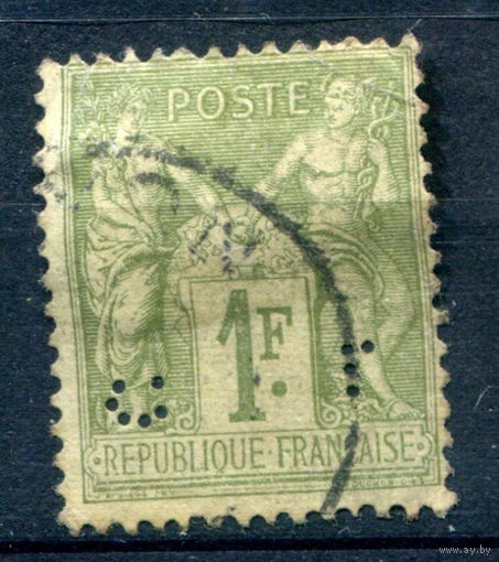 Франция (Республика) - 1876/81г. - аллегория, тип II, перфин, 1 Fr - 1 марка - гашёная [Mi 67 II]. #1-Fr-23-B-1