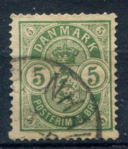 Дания - 1884/1902г. - герб, 5 Ore, wz 1 Y, перфорация 14:13 1/2 - 1 марка - гашёная. Без МЦ!