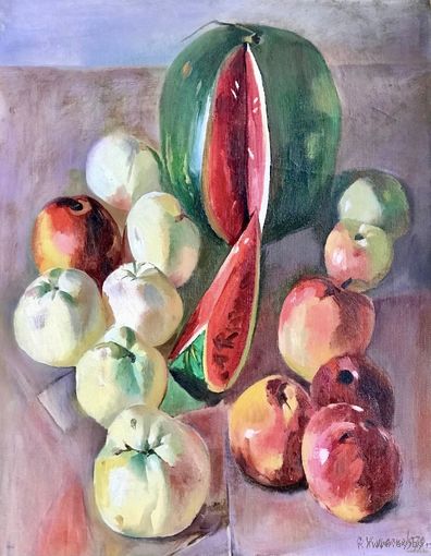 Журавков Ф.Н;70/55см;х/м;1979г;Натюрморт с арбузом и яблоками