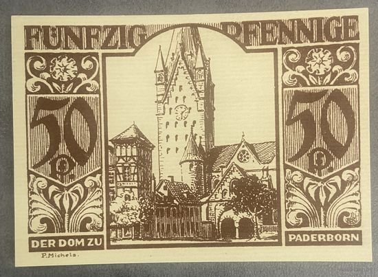 Нотгельд , 50 пфеннигов, Падерборн 1921 год. Веймарская республика