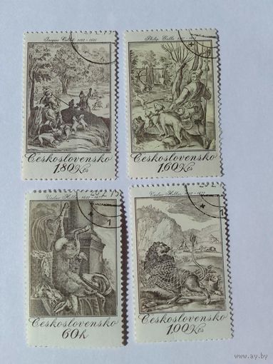 Марки  Живопись Гравюры на тему Охота  Чехословакия 1975   4 шт. -  4,00 руб.