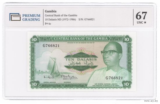 Гамбия 10 даласи 1972 года. Тип P-6с. Состояние UNC! В слабе Premium Grading 67
