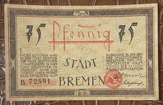 Нотгельд 75 пфеннигов 1921 год. Бремен,. Веймарская республика
