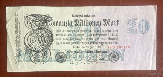 Банкнота 20 миллионов марок 1923 год. Веймарская республика