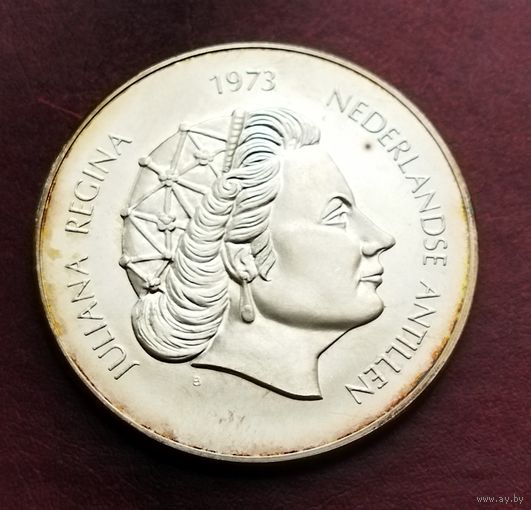 Большая редкая монета! Серебро 0,925! Нидерландские Антильские острова 25 гульденов, 1973 25 лет правлению Королевы Юлианы
