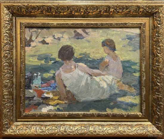 Ахремчик И.О "На отдыхе", 1952г . Картон, масло. Размер с рамой 57х47 см.