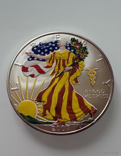 1 доллар. 2007 г. Шагающая Свобода. Цветная. США.  УНЦИЯ Серебра 999 пр.