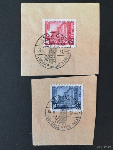 ГДР 1954 Вырезки с двумя марками серии "Торговая ярмарка в Лейпциге" (спецгашение) Mi.433-434 каталог 2.00 евро