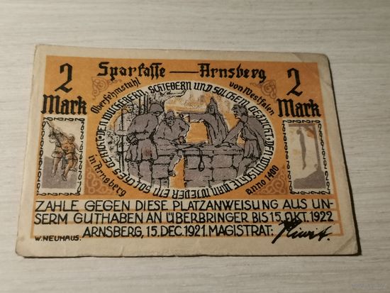 Нотгельд номиналом 2 марки , 1921 года, город Арнсберг, Германия.