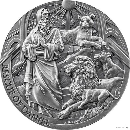 Камерун 2000 франков 2024г. "Библейские истории. Спасение Даниила". Монета в подарочном футляре; сертификат; коробка. СЕРЕБРО 62,20гр.(2 oz).