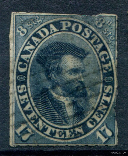 Британские колонии - Канада - 1859/64г. - Жак Картье, бретонский мореплаватель - 1 марка - гашёная, обрезана перфорация, есть утончение [Mi 15]. #3-WB-74-A-1