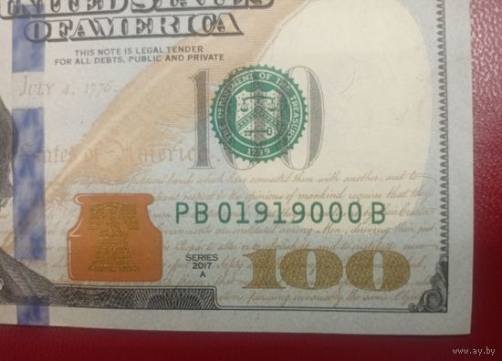 100 долларов США 2017А, интересный номер: РВ 0 19 19 000 В, XF - AU. Торг