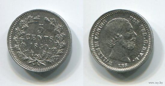 Нидерланды. 5 центов (1850, с точкой, серебро, XF)