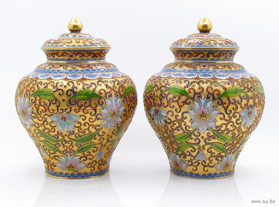 Вазы парные, техника клуазоне (перегородчатая горячая эмаль), медный сплав, золочение, 20-й век, Китай, интерьерные, цена за пару