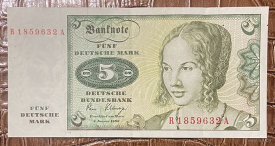 Банкнота 5 марок 1980 год. ФРГ. Портрет венецианской женщины.