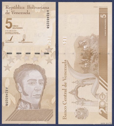 Венесуэла, 5 боливаров 2021 г., P-W115 (A, генерал Симон Боливар), UNC