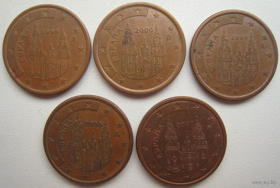 Испания 5 евроцентов 1999, 2000, 2004, 2005, 2007 гг. Цена за 1 шт.