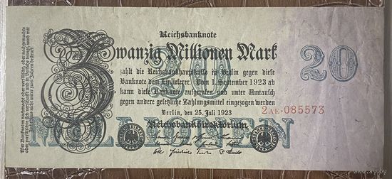 Банкнота 20 миллионов марок 1923 год. Веймарская республика.
