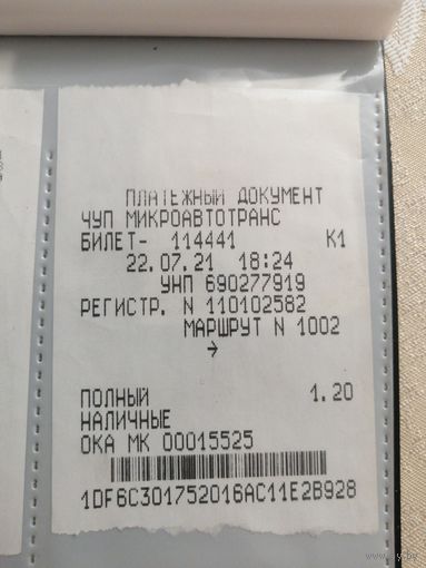Билет (чек) на маршрутку Борисов 2021 год