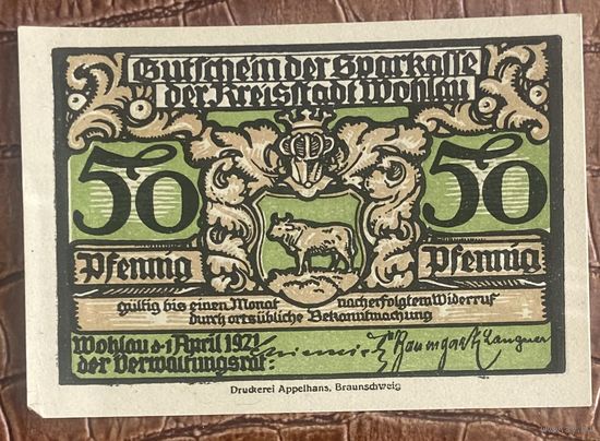 Нотгельд 50 пфеннигов 1921 год. Волау,. Веймарская республика